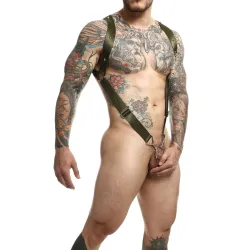 MOB Eroticwear Harnais élastique et Cockring Straight Back Vert Kaki